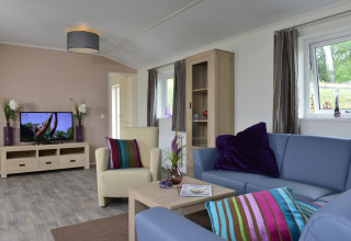 Sala luminosa en la cabaña Calcelux de Camping & Ferienpark Brilon, Alemania, con sofá, sillón y televisor.