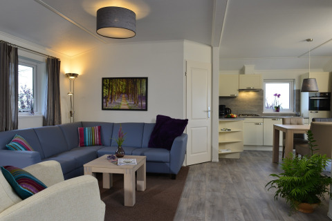 Sala y cocina modernas de la cabaña Calcelux en Camping & Ferienpark Brilon, Alemania, con decoración elegante.