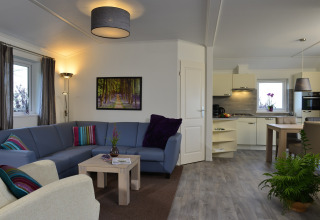 Sala y cocina modernas de la cabaña Calcelux en Camping & Ferienpark Brilon, Alemania, con decoración elegante.