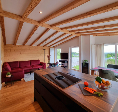 Interior de chalet moderno con vigas de madera, sofá rojo y grandes ventanales en Brilon, Alemania.