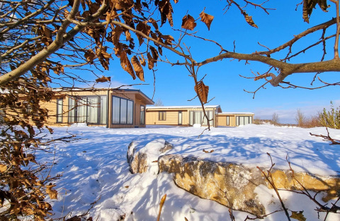 Chalet Enzian en Camping & Ferienpark Brilon, Alemania, rodeado de nieve y ramas secas bajo un cielo azul claro.