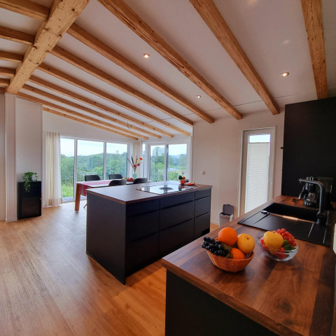 Cocina moderna y comedor en el Chalet Enzian en Camping & Ferienpark Brilon, Alemania, con vigas de madera.