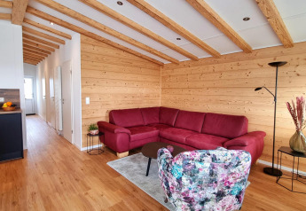 Wohnzimmer im Chalet Enzian mit Holzwänden, Balken, rotem Sofa und buntem Stuhl im Ferienpark Brilon, Deutschland.