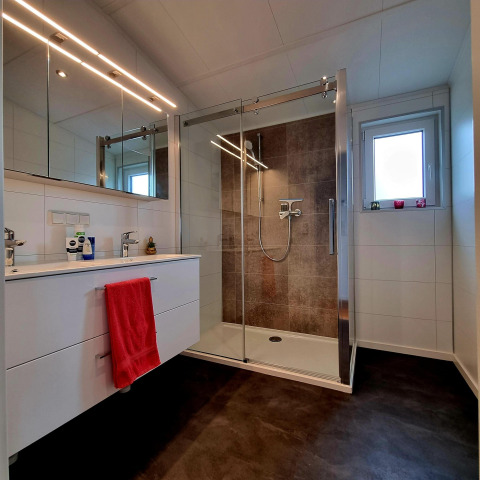 Baño moderno con ducha, tocador blanco y espejo en Chalet Enzian, Camping & Ferienpark Brilon, Alemania.