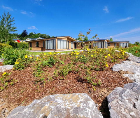 Chalet Enzian en Camping & Ferienpark Brilon, Alemania, rodeado de flores amarillas y cielo azul claro.