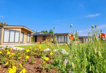 Chalet Enzian en Camping & Ferienpark Brilon, Alemania, rodeado de flores y cielo azul brillante.