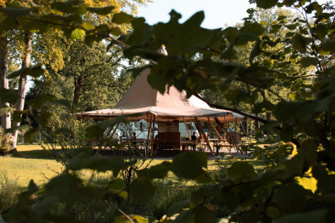 A glamping tent viewed through greenery at Skycabin, Nature house at Camping Si-Es-An in the Netherlands.
