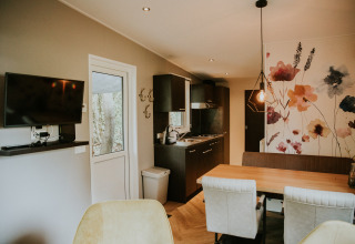 Vista interna di Happy bee lodge al Camping Si-Es-An, Paesi Bassi, con arredamento moderno e accogliente.
