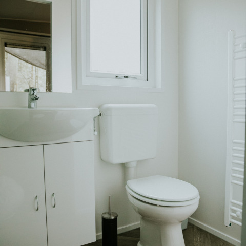 Modernes Badezimmer mit Toilette und Waschbecken in der Happy Bee Lodge, Camping Si-Es-An, Niederlande.