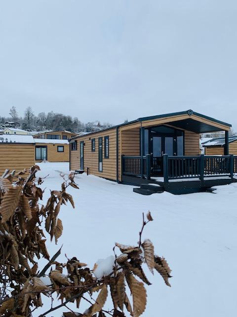 Cabañas de madera cubiertas de nieve en Chalet Bergrose, Camping & Ferienpark Brilon, Alemania, en invierno.