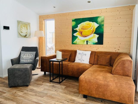 Sala de estar en Chalet Bergrose, Camping & Ferienpark Brilon, Alemania, con sofá marrón y arte floral.