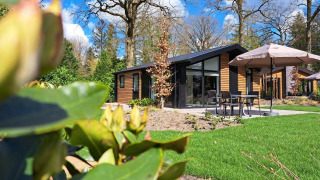 Moderne Hackfort 4-lodge bij De Utrechtse Heuvelrug in Nederland, met terras, grasveld en bos eromheen.