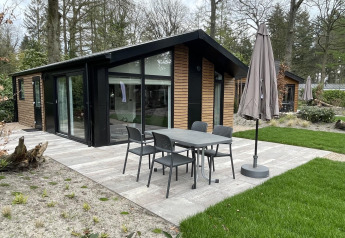Modern Hackfort 4 lodge at De Utrechtse Heuvelrug in the Netherlands with patio, garden, and outdoor furniture.