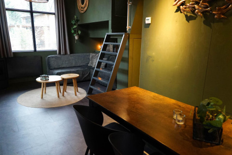 Moderne woonkamer in Tiny House 4 Hottub te Beekbergen, Nederland, met sofa, ladder en tafel