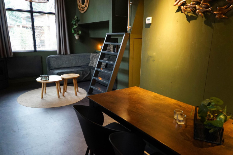 Sala moderna en Tiny House 4 Hottub, Beekbergen, Países Bajos, con sofá, escalera y mesa