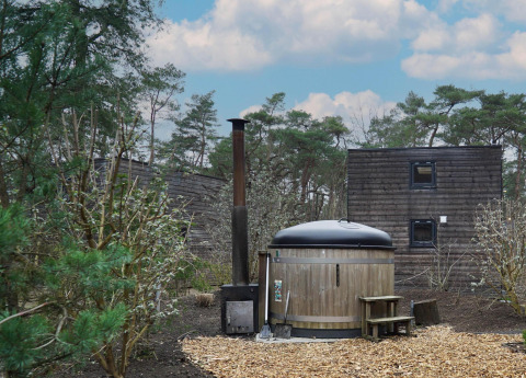 Wooden tiny house with hot tub and chimney among trees in Beekbergen, Netherlands under blue sky.