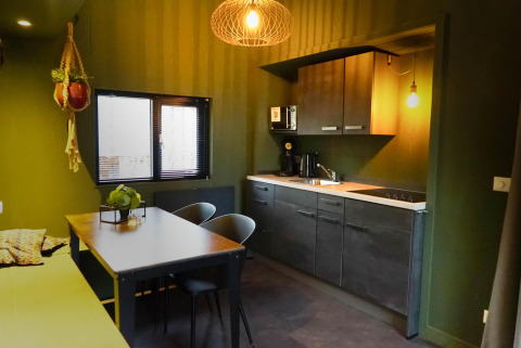 Cocina moderna y comedor en Tiny House 4 Hottub en Beekbergen, Países Bajos, con paredes verdes.