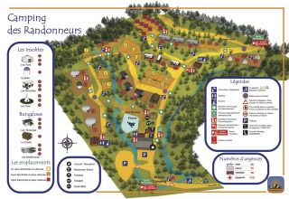 Grondplan van Camping des Randonneurs in Occitanië, Frankrijk, met plaatsen, faciliteiten en noodnummers.