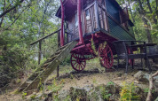 Gypsy-vognhytte uden privat badeværelse på Camping Des Randonneurs i Frankrig, omgivet af skov.
