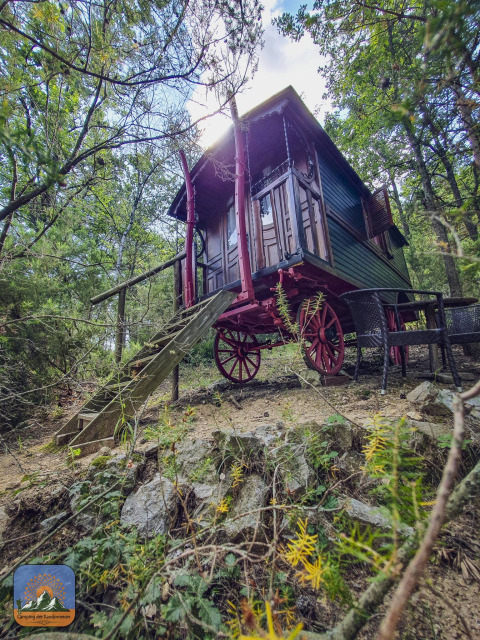 Gypsy-vognhytte uden privat badeværelse på Camping Des Randonneurs i Frankrig, omgivet af skov.
