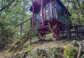 Cabaña Gipsy wagon sin baño privado en Camping Des Randonneurs, Francia, rodeada de bosque.
