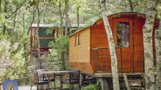To hyggelige Gipsy-vogne i en skov, med et bord og fire stole udenfor, perfekt til naturcamping.