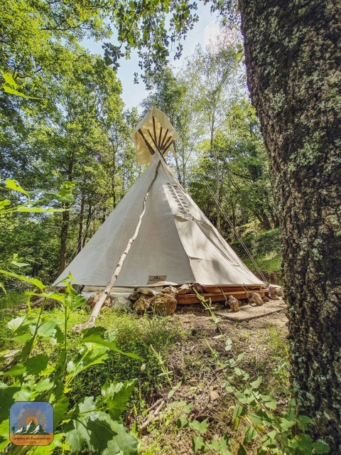 Tienda Wigwam sin instalaciones sanitarias privadas en un bosque verde en Camping des Randonneurs.