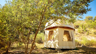 Tipi a bolla unico senza impianto idraulico, posizionato tra alberi verdi in un paesaggio soleggiato.
