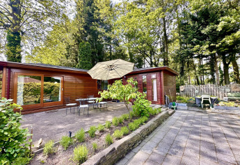 Acogedor chalet en Bungalowpark Het Verscholen Dorp, Países Bajos, con terraza, sombrilla y jardín arbolado.