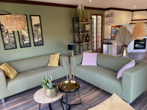 Woonkamer van Cozy Chalet in Nederland met groene banken, moderne inrichting en zicht op open keuken.