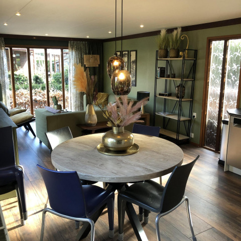 Salotto e zona pranzo moderni nel Cozy Chalet, Bungalowpark Het Verscholen Dorp, Paesi Bassi, decorazione in legno.