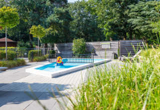 Foto al aire libre de una pequeña piscina infantil con un pato colorido en Cozy Chalet en Het Verscholen Dorp, Países Bajos.