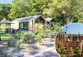 Tiny house Lodge Royal Eco Wellness con bañera de hidromasaje exterior en entorno natural en los Países Bajos.