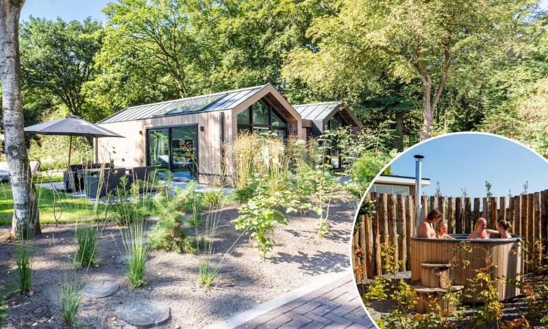 Tiny house Lodge Royal Eco Wellness avec bain à remous extérieur, nichée dans la verdure aux Pays-Bas.