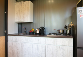Moderne kitchenette met gootsteen, gasfornuis, koelkast en fruitmand in een luxe tentlodge in Nederland.
