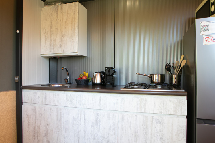 Moderne kitchenette met gootsteen, gasfornuis, koelkast en fruitmand in een luxe tentlodge in Nederland.