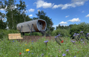 Moderne tiny house Anthropod på Holiday Park 't Rheezerwold, omgivet af vilde blomster og grønne marker.