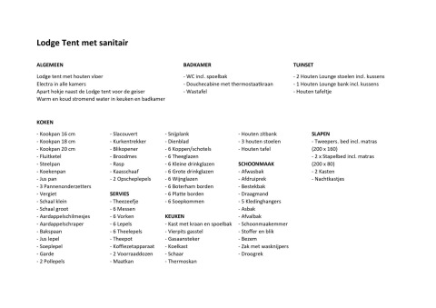 Lista de inventario para tienda safari de lujo con sanitario en Camping De Betteld, Países Bajos, incluyendo comodidades.