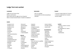 Inventarliste for luksuriøs safaritelt med sanitet på Camping De Betteld i Holland, inkl. udstyr og faciliteter.