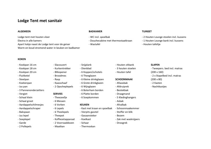 Inventarliste für ein Luxuszelt mit Sanitäranlagen auf Camping De Betteld in den Niederlanden, inkl. Ausstattung.