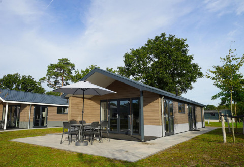 Moderne Lodge Velthorst am Zilverstrand in Belgien mit Außenterrasse, Tisch und Sonnenschirm.