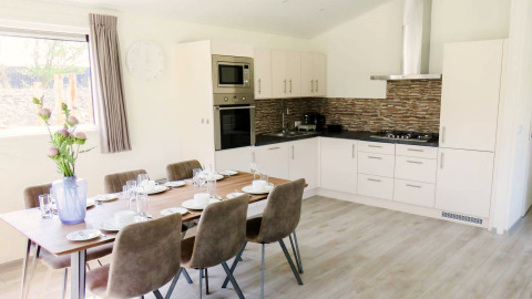 Salle à manger et cuisine modernes au lodge Velthorst, Zilverstrand, Belgique, dressées pour six personnes.