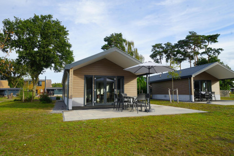 Velthorst-Lodge am Zilverstrand in Belgien mit modernen Hütten und Terrasse mit Sonnenschirm und Stühlen.