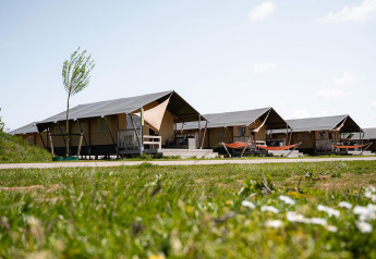 Safari-Zelte mit Veranda und Hängematten bei RCN de Schotsman, Villatent Nomad, in den Niederlanden.