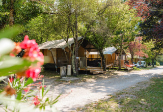 Villatent Outback-lodges op Medrose Camping in Frankrijk tussen groene bomen en kleurrijke bloemen.