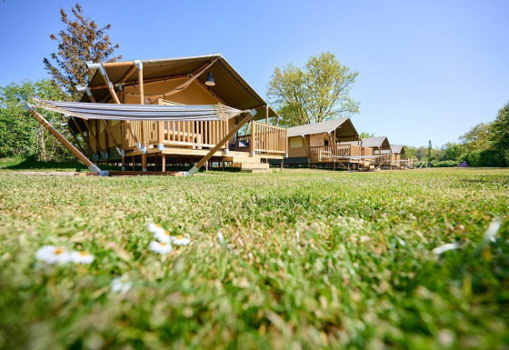 Safaritenten bij Villatent Nomad op vakantiepark de Bronzen Emmer in Nederland, op een zonnig grasveld.