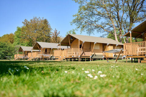 Safaritenten Villatent Nomad op Vakantiepark de Bronzen Emmer in Nederland op een zonnig grasveld.