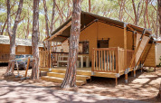Lodge Villatent Outback en Camping Village Baia Blu La Tortuga, Italia, rodeado de altos pinos.