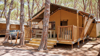 Villatent Outback Lodge bei Camping Village Baia Blu La Tortuga in Italien, umgeben von Kiefern.