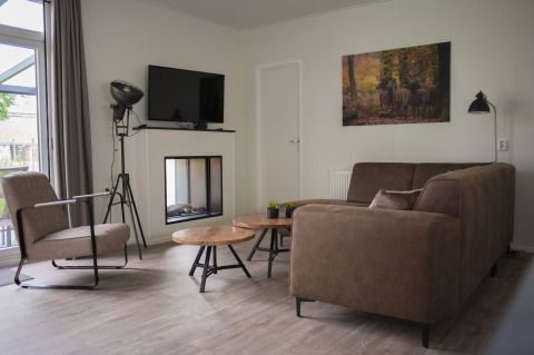 Moderne woonkamer in Veluwe Villa, De Boshoek, Nederland, met bruin zetel en schilderij van herten.